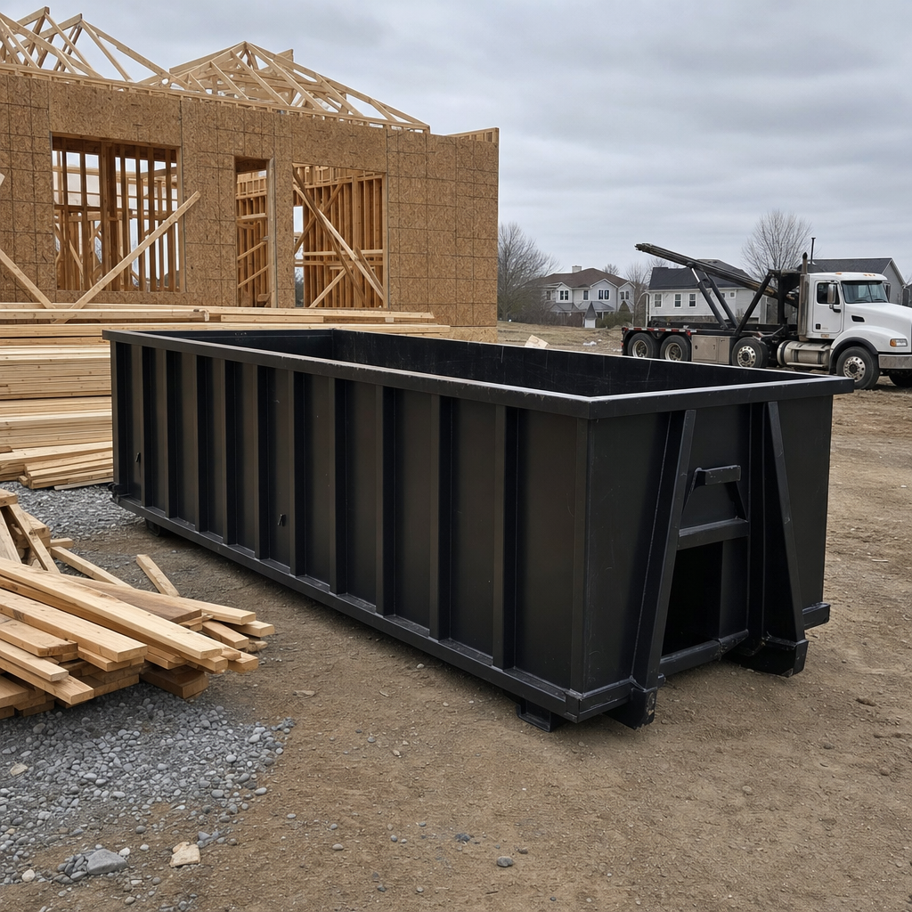 Matte-black 40-yard roll-off dumpster staged on a framed-out residential construction site in Pico Rivera, framing lumber stacked nearby, hooklift delivery truck visible in the background under bright Colorado daylight