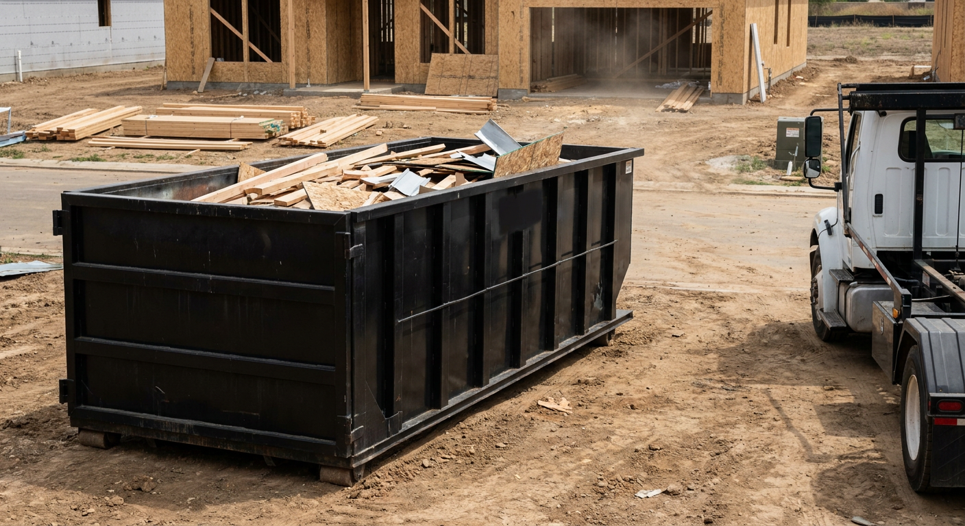 Matte-black 20-yard roll-off construction dumpster with heavy ribbed steel sidewalls and swing rear doors at a working jobsite in Pico Rivera, sitting directly on compacted dirt with an unmarked white hauler partially visible at the far edge of the frame.