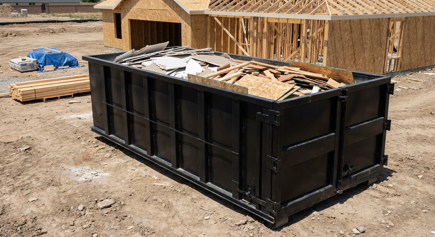 Matte-black 30-yard roll-off construction dumpster sitting directly on the compacted-dirt site of a framed single-family home build in Pico Rivera, drywall and lumber scrap loaded inside.