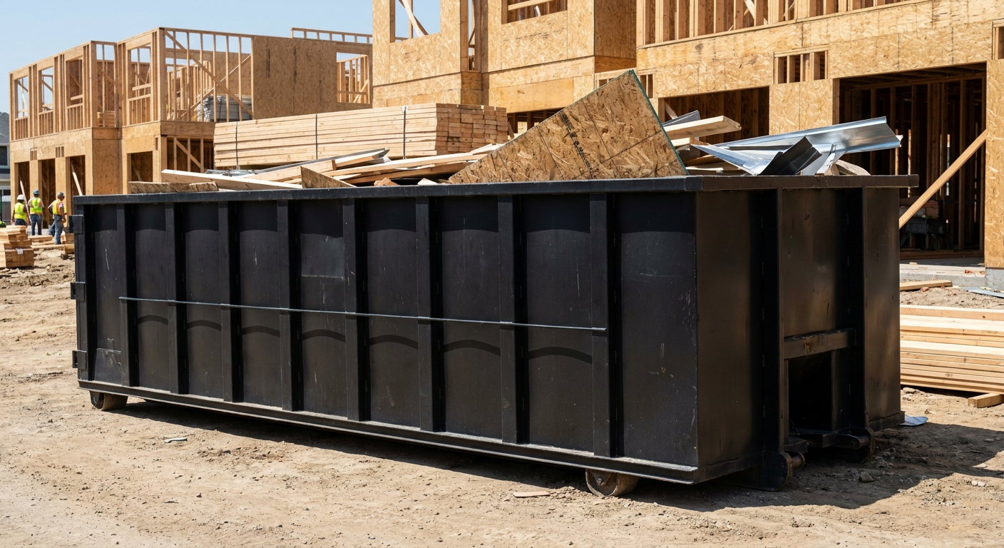 Matte-black 40-yard roll-off construction dumpster being lowered from a white-cab hooklift delivery truck onto the compacted-dirt jobsite at a commercial build site in Pico Rivera