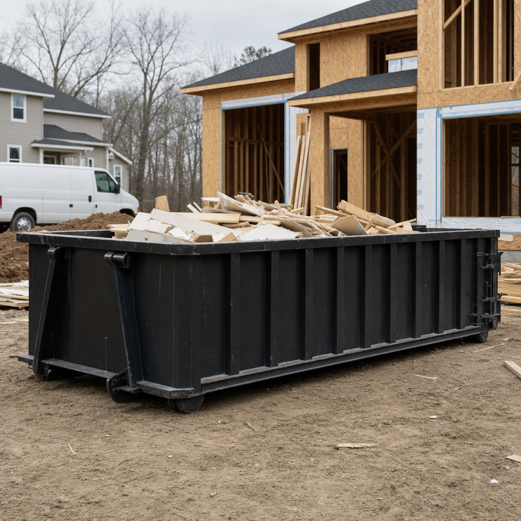 Worker in a yellow high-visibility vest tossing framing lumber and broken drywall into a matte-black 30-yard construction roll-off dumpster on an active build site in Pico Rivera, bright daylight