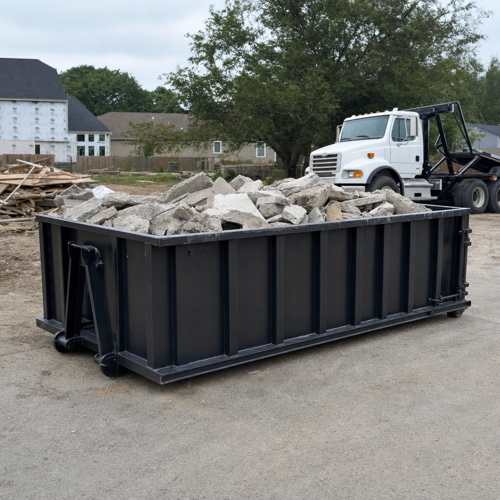 Low-profile matte-black lowboy roll-off dumpster loaded with broken concrete slab and rebar at a foundation tear-out in Pico Rivera, skid steer parked beside it, sunny Colorado morning