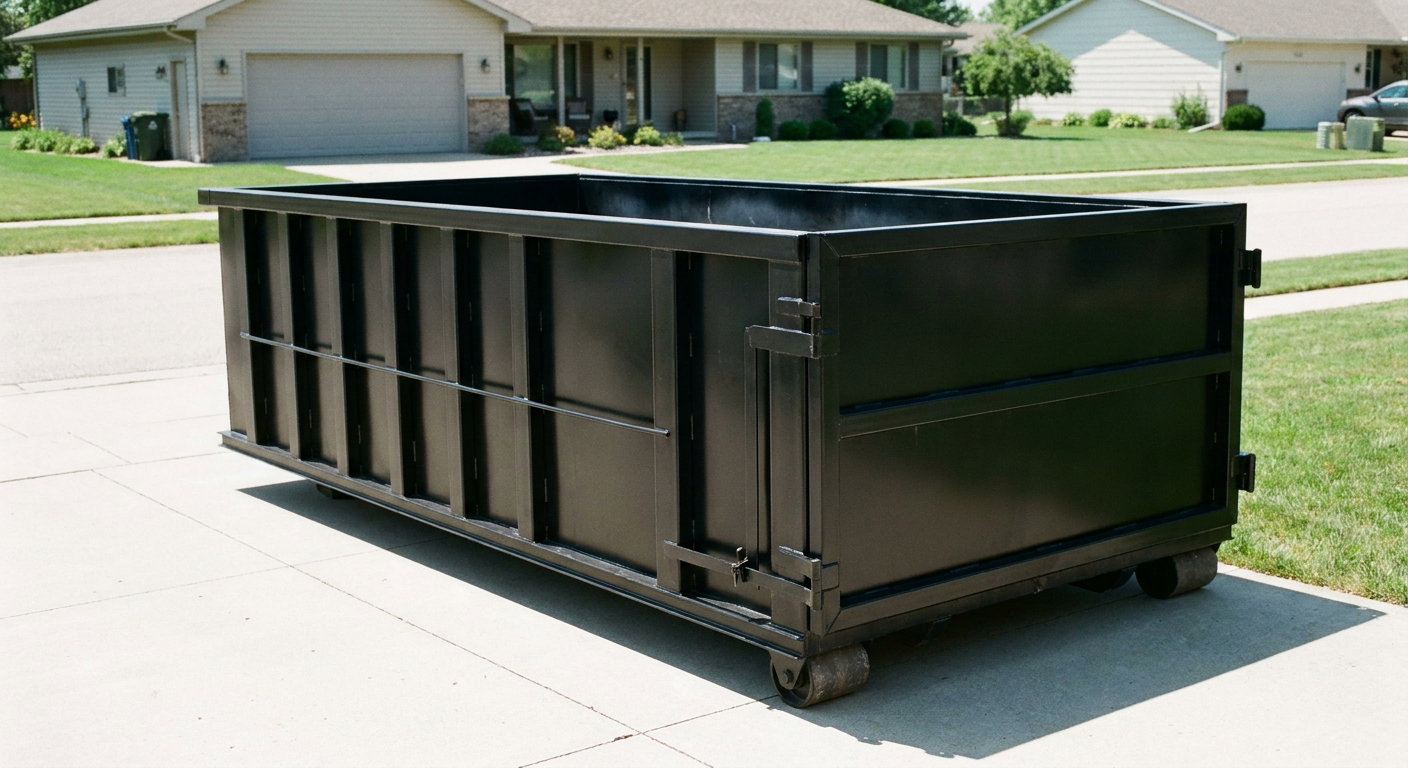 Matte-black 10-yard roll-off dumpster on a residential concrete driveway in Pico Rivera, uniformly painted matte black across every panel and rail, ribbed steel sidewalls and rear swing door visible, mid-day daylight.