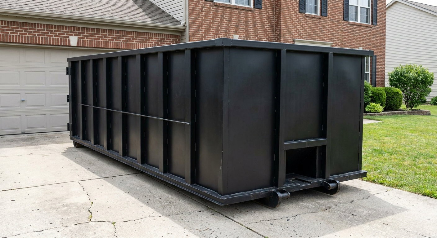 Matte-black 20-yard roll-off container on a Pico Rivera residential concrete driveway with reinforced ribbed steel sidewalls and a hinged rear walk-in door, clean bright daylight.