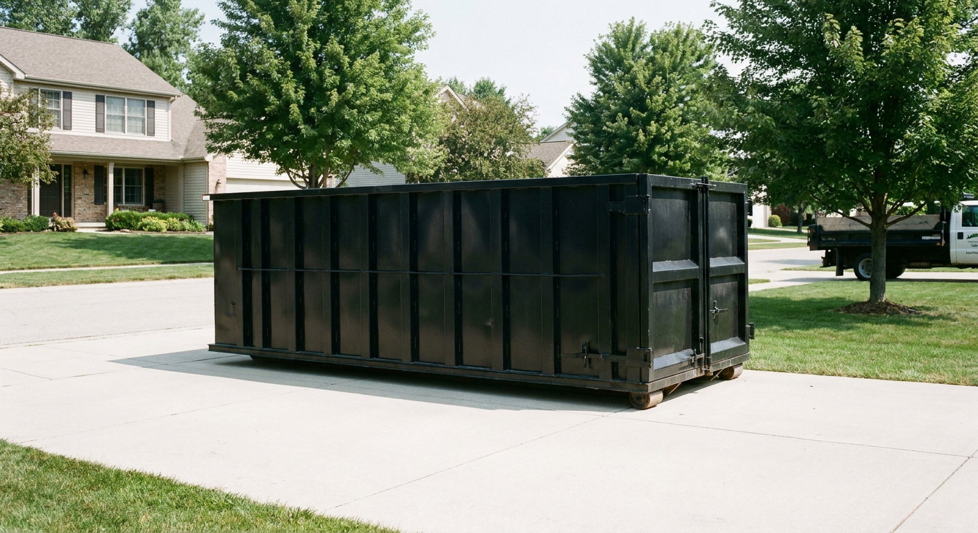 Matte-black 20-yard roll-off dumpster sitting level on a clean Pico Rivera residential concrete driveway under bright daylight, demonstrating clean placement directly on the concrete.