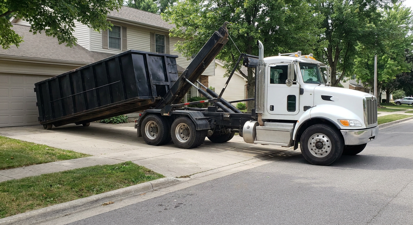 White-cab hooklift roll-off truck actively lowering a matte-black dumpster onto a Pico Rivera residential concrete driveway, the dumpster's rear wheels touching the driveway as the hoist arm tilts the bed forward, mid-morning daylight.