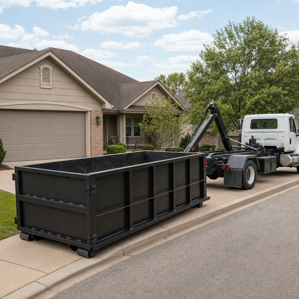 Wide documentary shot of a matte-black roll-off dumpster on a Pico Rivera residential driveway in the foreground and a contractor jobsite container in the soft-focus background, bright daylight, calm and orderly composition.