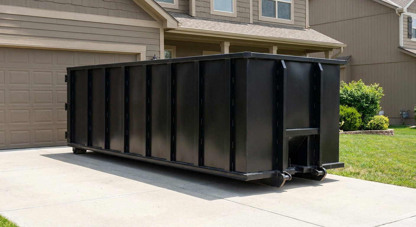 Matte-black residential roll-off dumpster sitting directly on a suburban Pico Rivera concrete driveway, garage door closed, single-family home in background, bright morning daylight.
