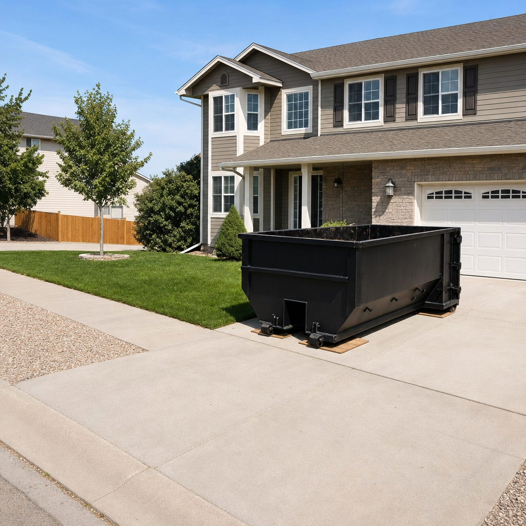 10-yard matte-black residential dumpster placed directly on a narrow Pico Rivera concrete driveway, room remains for a parked sedan beside it, mid-morning natural light