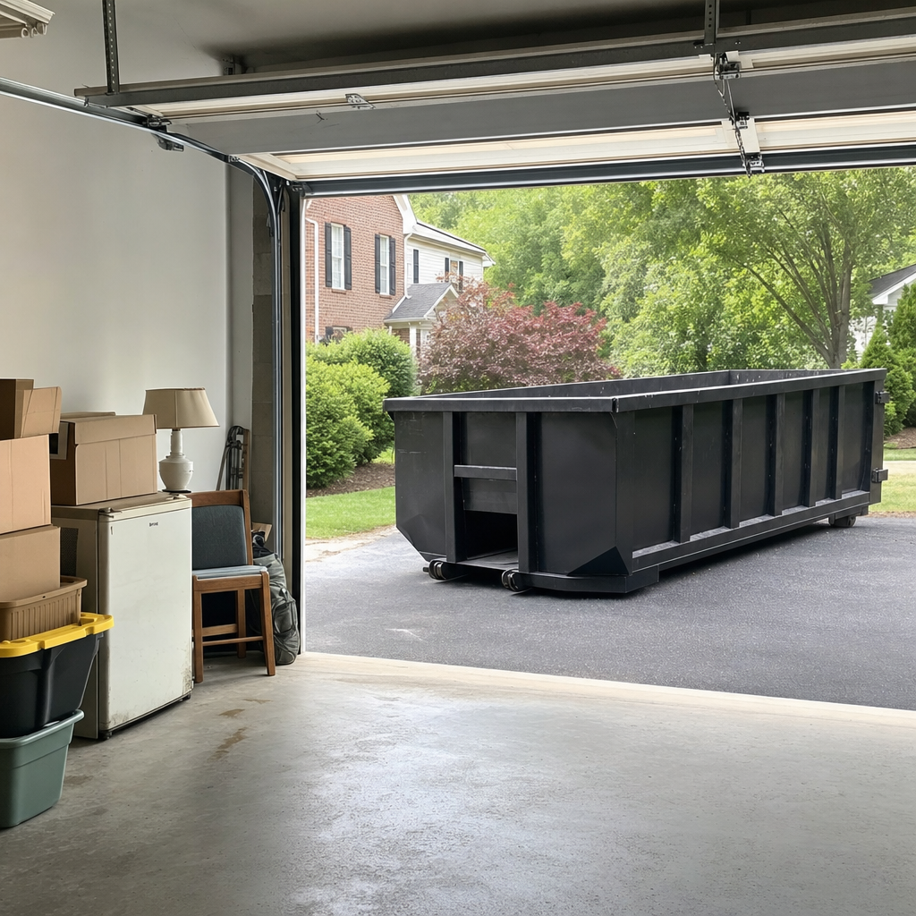 Open garage interior in a Pico Rivera home mid-cleanout — boxed items, an old appliance, and stacked yard tools queued near the driveway for a matte-black roll-off dumpster, organized and calm