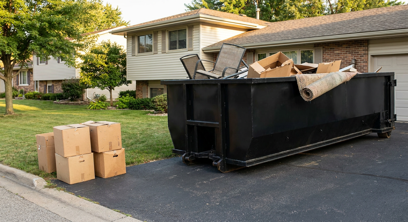 Front-yard view of a Pico Rivera split-level home with a 20-yard matte-black roll-off dumpster sitting directly on the asphalt driveway, a few clearly labeled donation boxes staged at the curb, calm sunny afternoon.