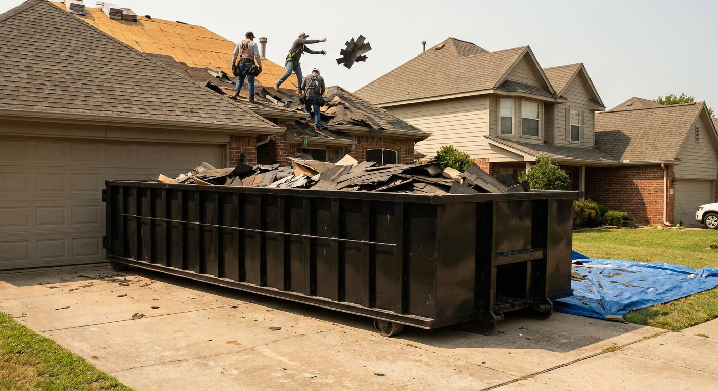 Matte-black roofing roll-off dumpster placed directly on a Pico Rivera residential concrete driveway, a tear-off crew on a two-story asphalt-shingle roof tossing shingle bundles into the low-walled container, bright daylight, documentary 35mm perspective.