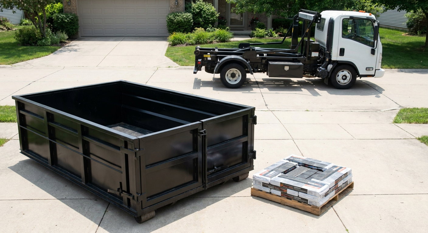 Matte-black 15-yard roofing roll-off dumpster with reinforced low side walls sitting directly on a Pico Rivera residential concrete driveway, three-tab asphalt shingle bundles stacked nearby, an unmarked white hauler truck partially visible at the edge of the frame.
