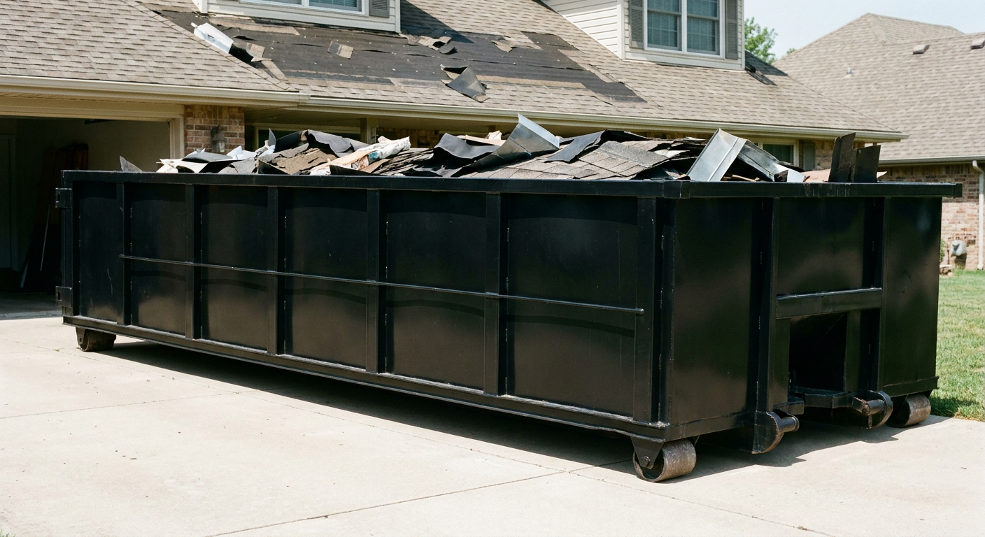 Matte-black 20-yard roofing roll-off dumpster with steel ribbed sides and swinging rear door, sitting directly on the concrete driveway of a two-story Pico Rivera home, asphalt shingle debris being loaded over the low wall, clean documentary lighting.