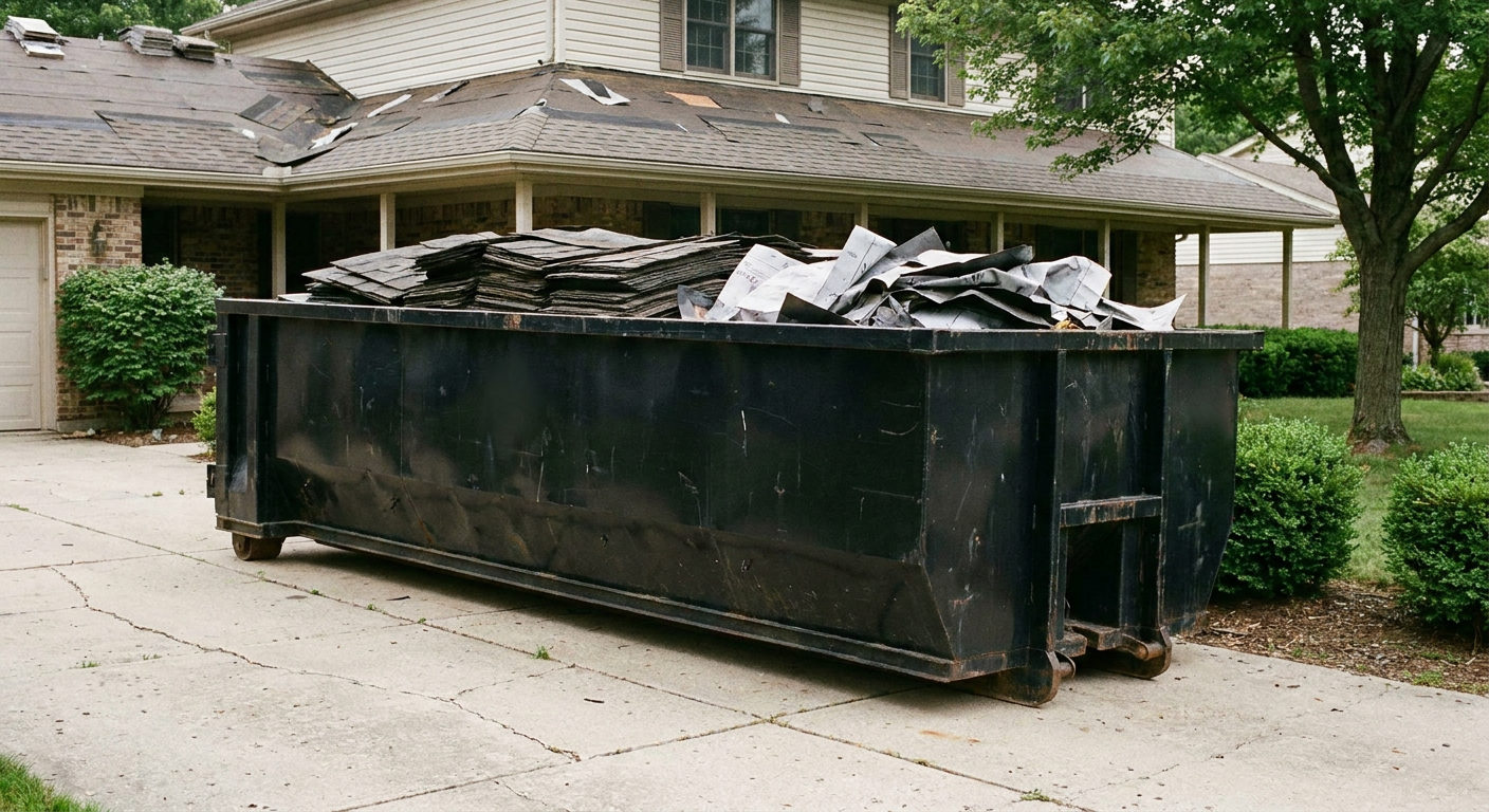 Matte-black 30-yard roofing roll-off dumpster sitting directly on a Pico Rivera concrete driveway, taller ribbed steel side panels, mixed tear-off debris of asphalt shingles and underlayment inside, professional documentary daylight.