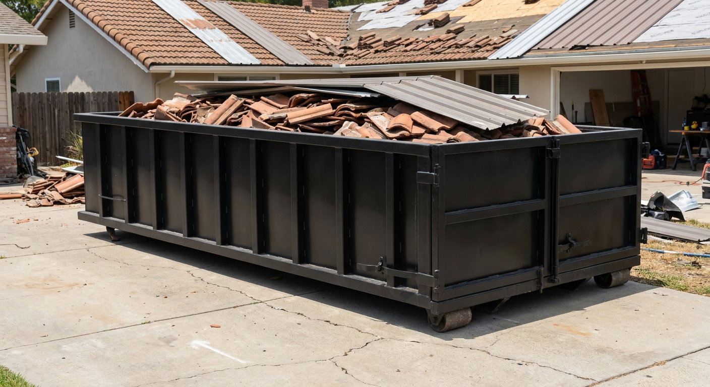 Matte-black low-wall heavy-debris roofing roll-off dumpster sitting directly on a Pico Rivera concrete driveway, broken concrete clay roof tiles and metal panel sections loaded inside, reinforced ribbed steel side walls visible, bright outdoor daylight.