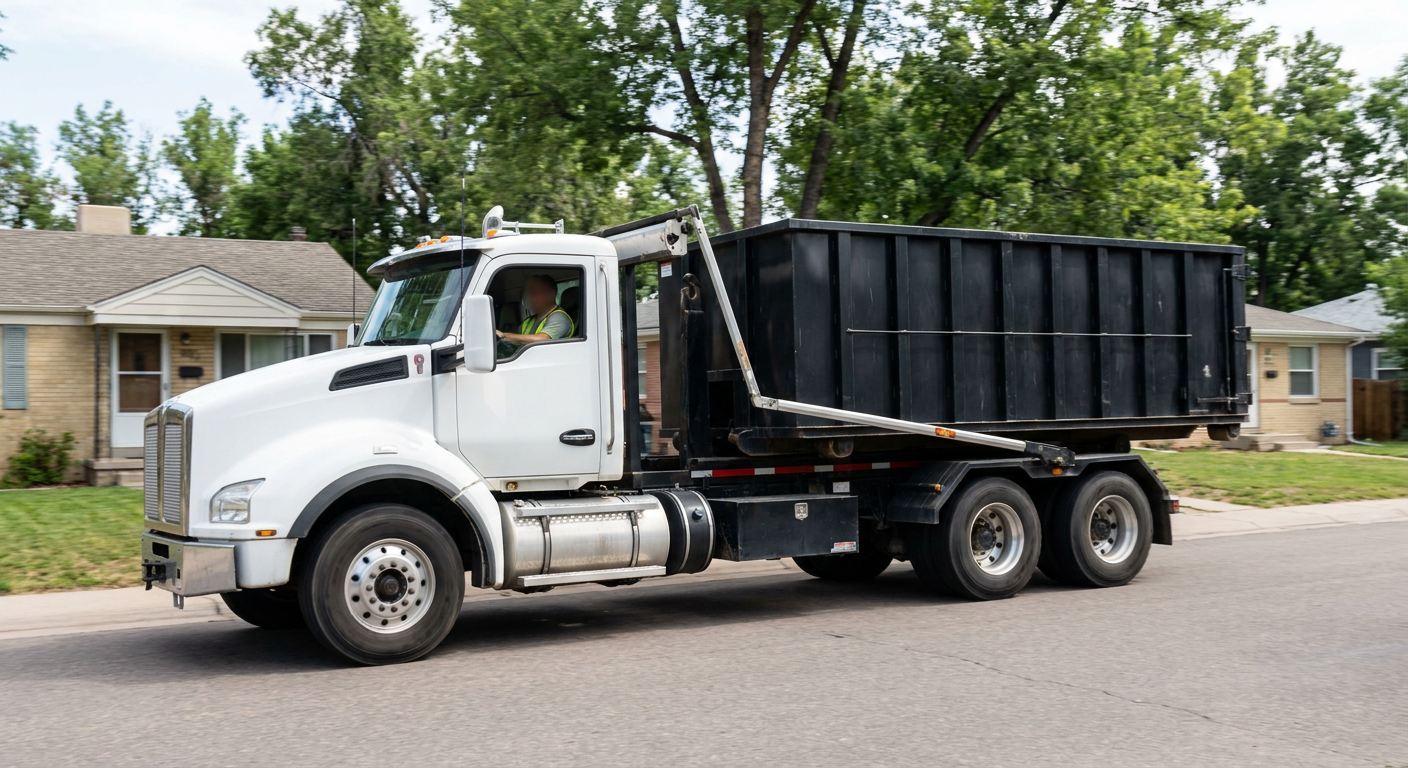 A wide documentary shot of a matte-black roll-off delivery truck pulling onto a quiet Pico Rivera residential street at mid-morning, with neighborhood rooftops and tree-lined blocks visible behind, showing the metro coverage footprint.