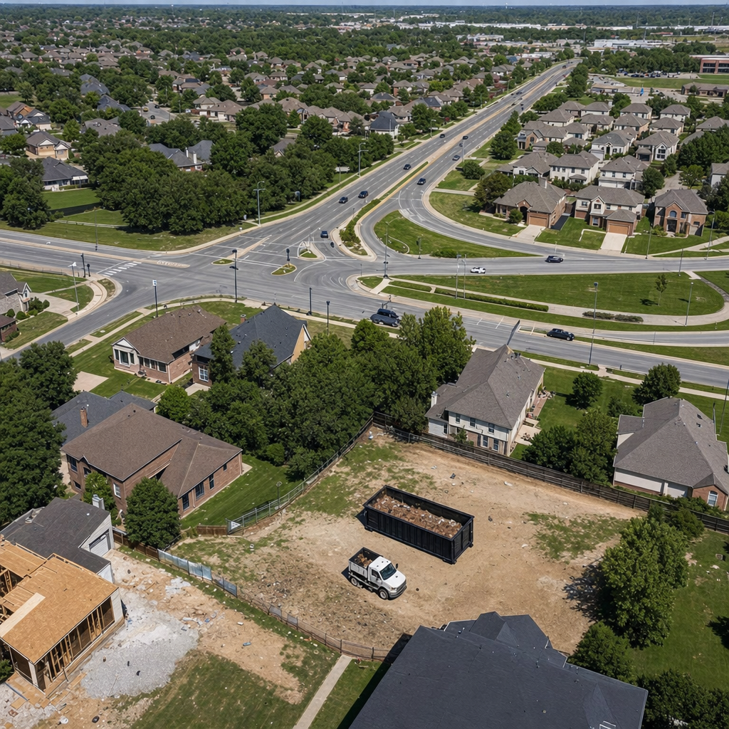 An overhead documentary view of the Pico Rivera metro area at midday, showing the spread of neighborhoods, arterial roads, and the dispatch radius from a central yard — clean daylight, organized geographic layout.