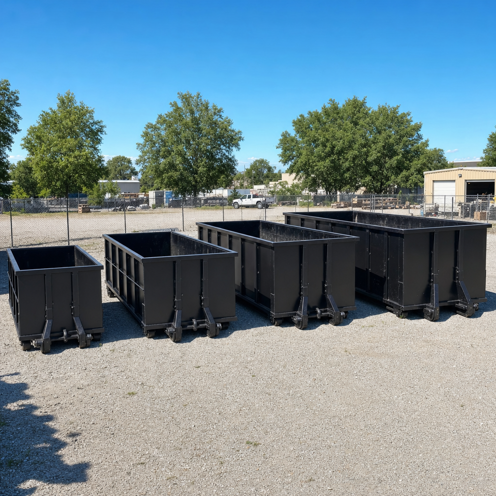 A clean lineup of matte-black roll-off dumpsters in 10, 20, 30, and 40-yard sizes staged on a sunlit gravel yard in Pico Rivera, showing the size progression from compact to commercial-scale containers.