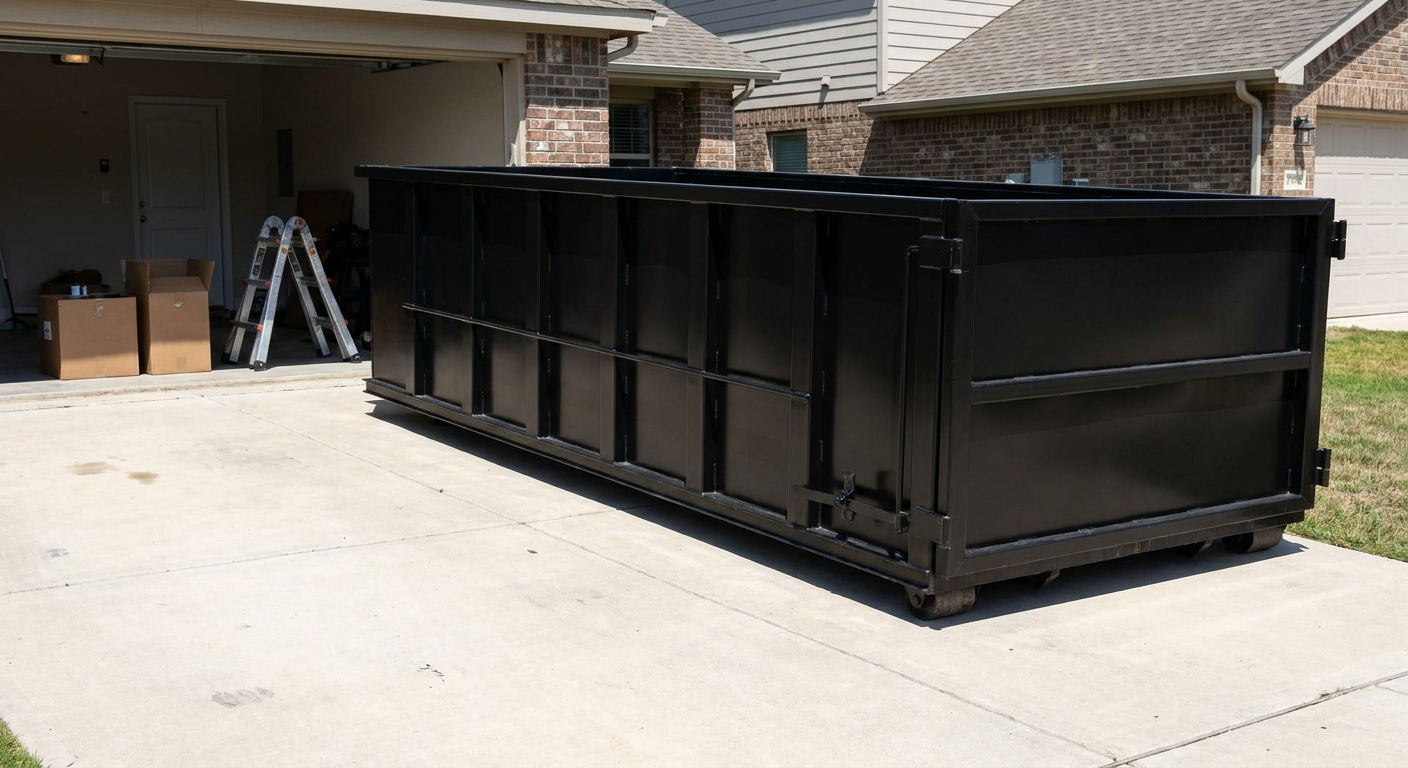 A matte-black 10-yard roll-off dumpster sitting directly on a residential Pico Rivera concrete driveway, mid-day sunlight, clean and ready for a garage cleanout.
