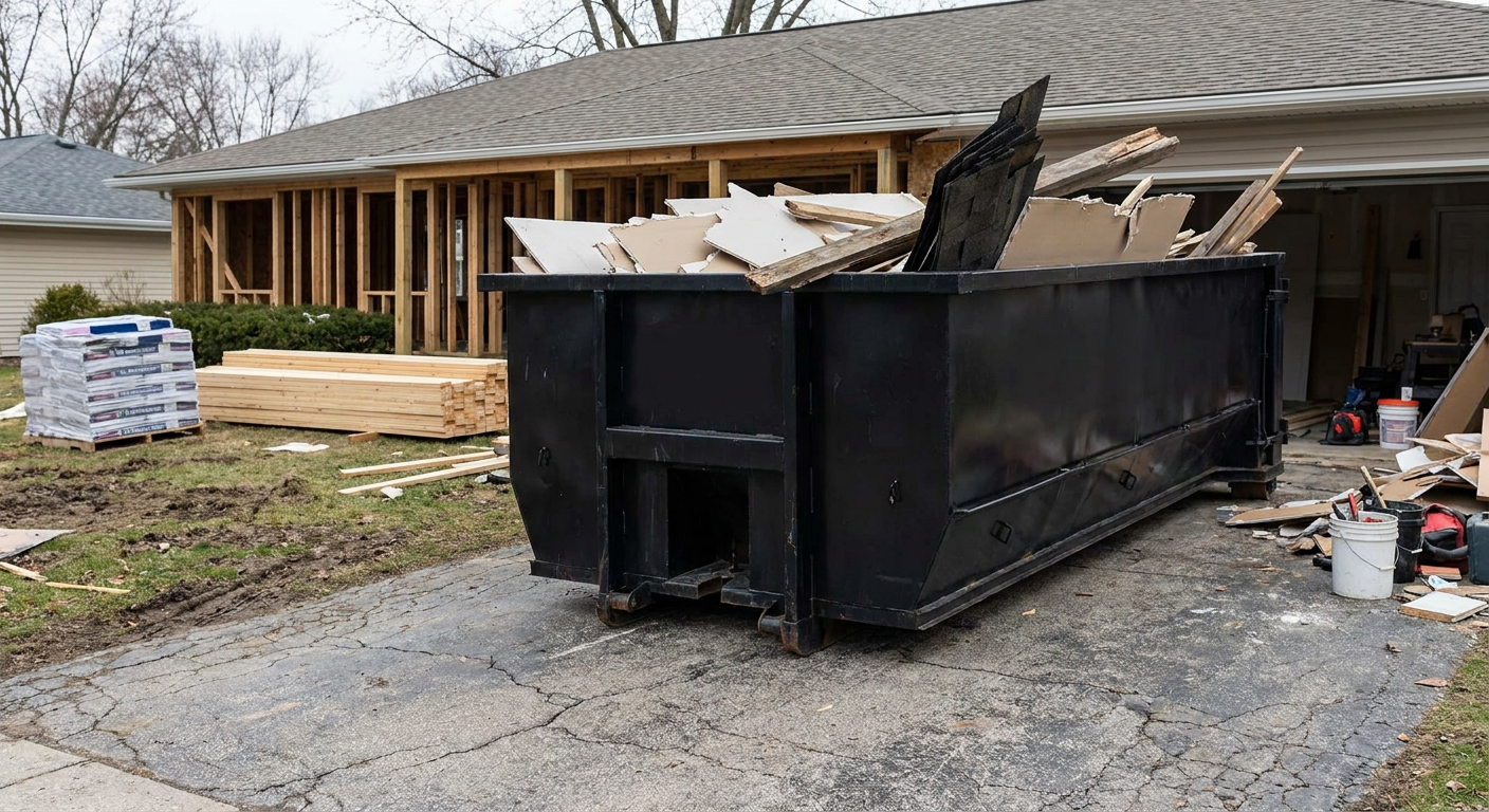 A matte-black 20-yard roll-off dumpster placed alongside a mid-renovation Pico Rivera home directly on the asphalt driveway, with framing materials and torn-off shingles staged neatly nearby.
