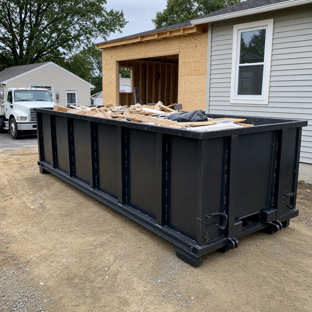 A matte-black 30-yard roll-off dumpster positioned at a Pico Rivera residential addition jobsite, with framing lumber and drywall scraps loaded through the open swinging rear doors.