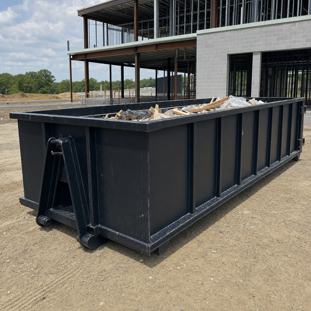 A matte-black 40-yard roll-off dumpster staged on a large Pico Rivera commercial construction lot, with a hooklift delivery truck parked alongside under bright midday sky.