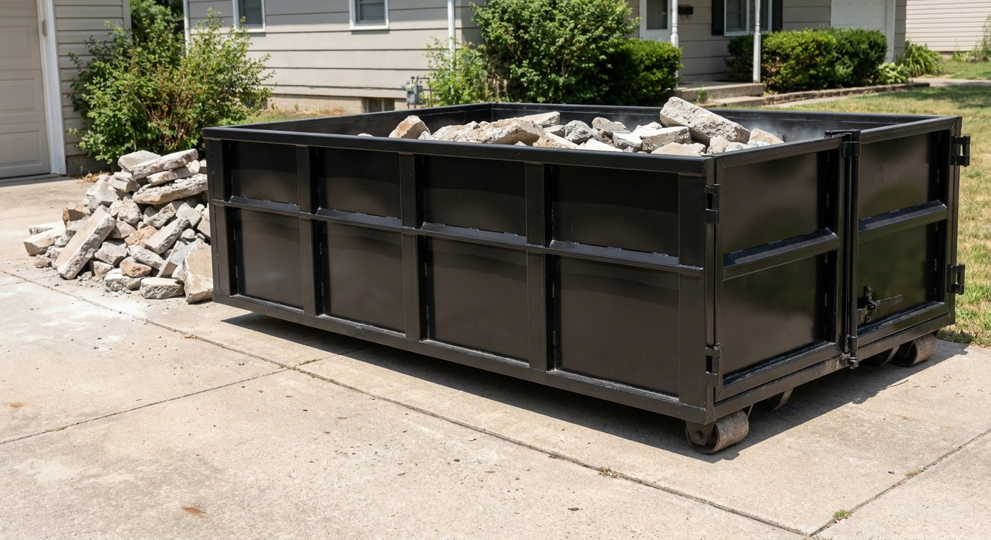 A matte-black low-side heavy-debris roll-off dumpster placed directly on a Pico Rivera concrete driveway, with broken concrete chunks neatly stacked beside it under clean daylight.